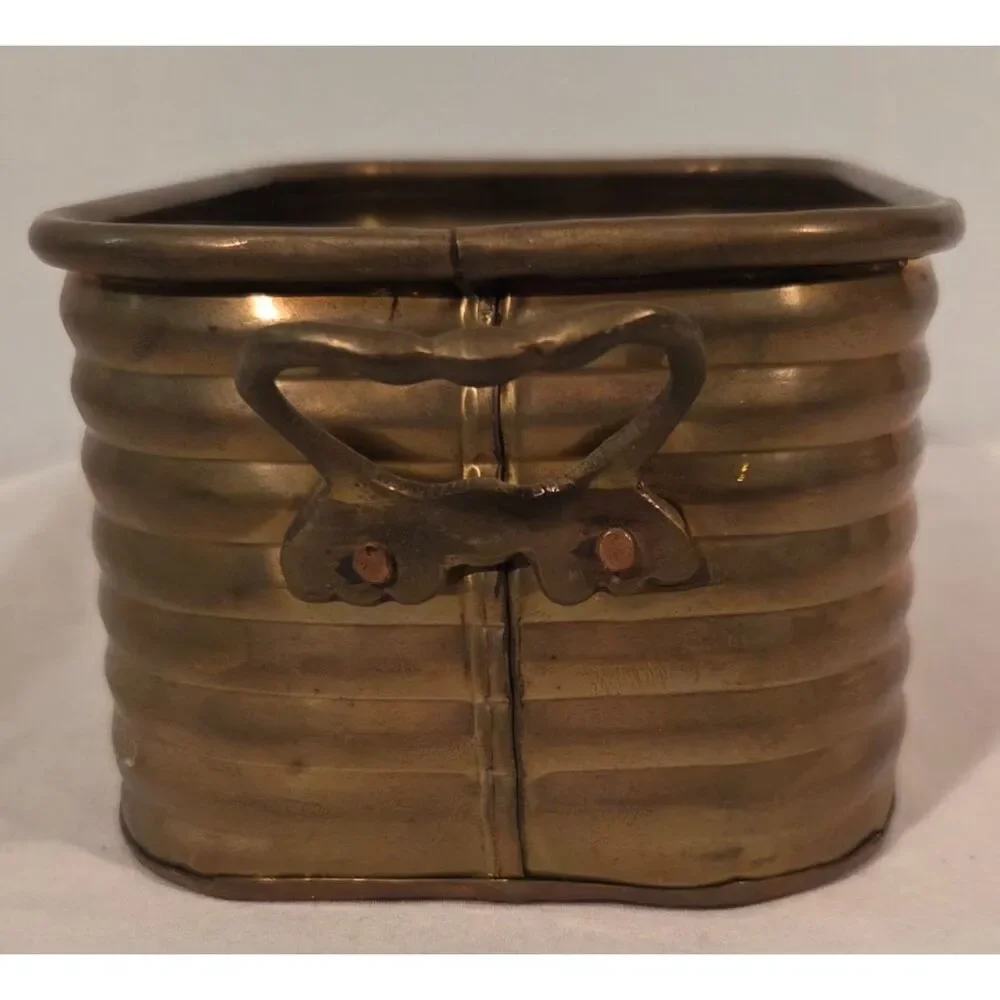 Vintage Brass Planter Oval Ribbed Metal Cachepot Made in India